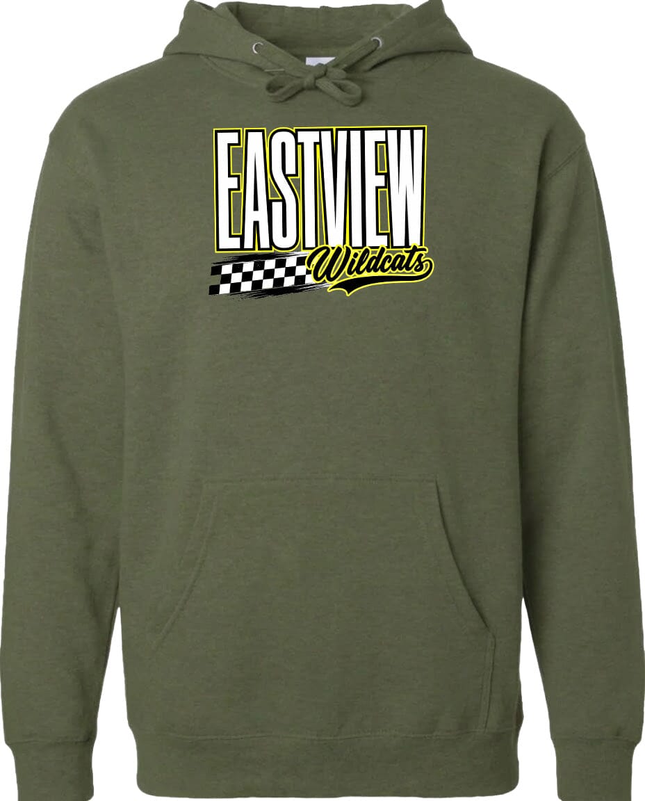 A green hoodie with a graphic design featuring the text "EASTVIEW Wildcats" and a checkered flag pattern.