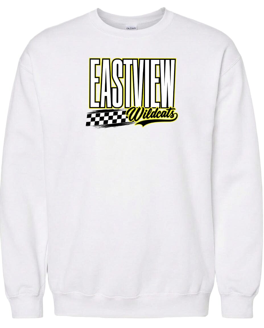 A white sweatshirt with a graphic design featuring the text "EASTVIEW Wildcats" in a stylized font.