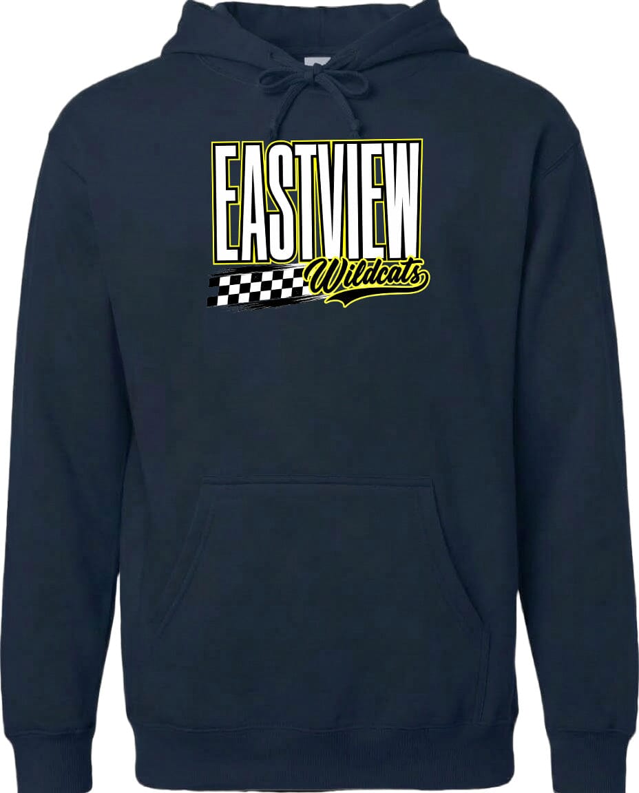 A navy blue hoodie with a graphic design featuring the text "EASTVIEW Wildcats" in yellow and black.