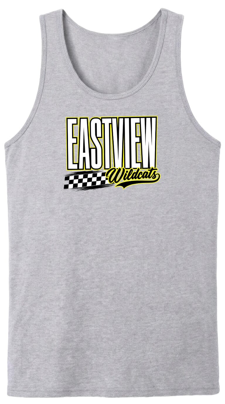 A gray tank top with a graphic design featuring the text "EASTVIEW Wildcats" in yellow and black.
