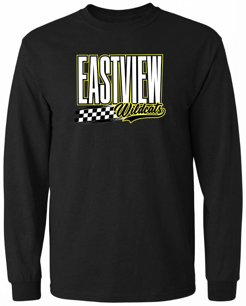 A black long-sleeved shirt with a graphic design featuring the text "EASTVIEW Wildcats" in yellow and white.