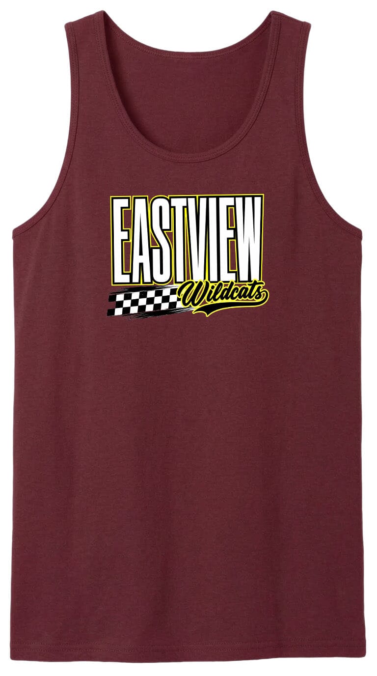 A maroon tank top with a graphic design featuring the text "EASTVIEW Wildcats" in a bold, yellow font.