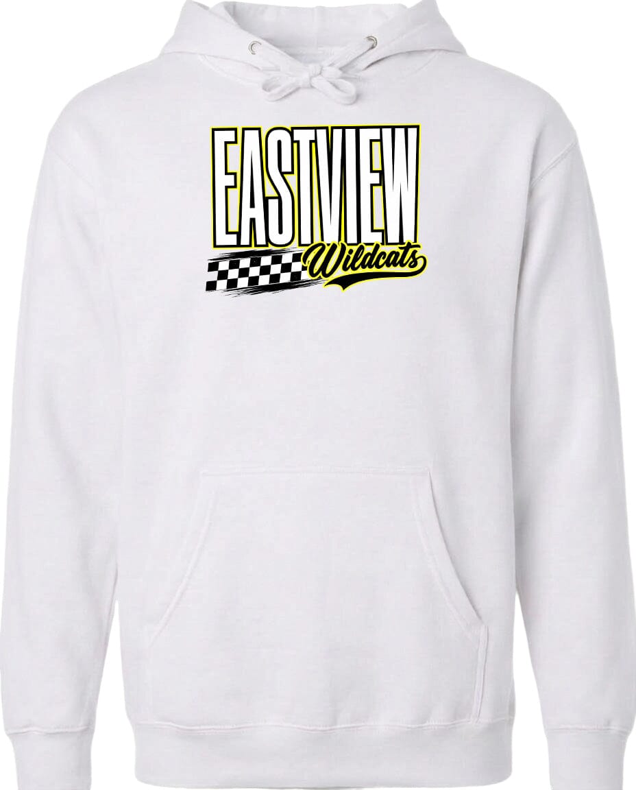 A white hoodie with a graphic design featuring the text "EASTVIEW Wildcats" in yellow and black.