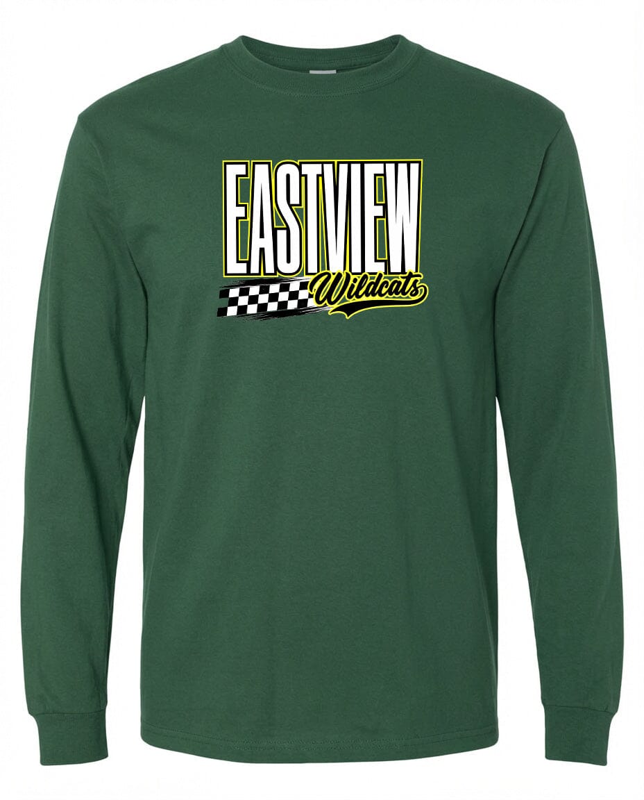 A green long-sleeved t-shirt with a graphic design featuring the text "EASTVIEW Wildcats" in yellow and white.