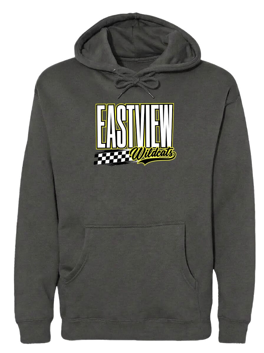 A gray hoodie with a graphic design on the front.