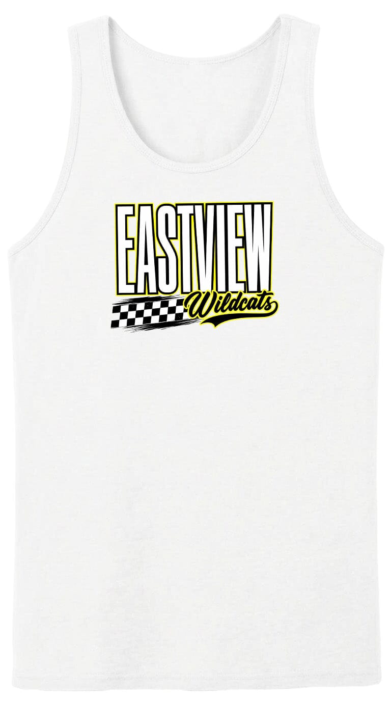 A white tank top with a graphic design featuring the text "EASTVIEW Wildcats" in yellow and black.