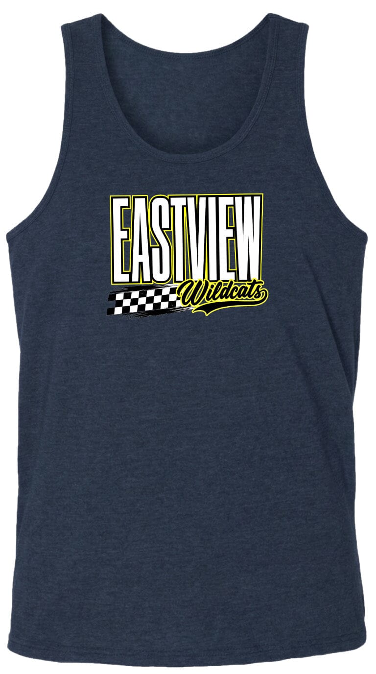 A navy blue tank top with a graphic design featuring the text "EASTVIEW Wildcats" in yellow and white.
