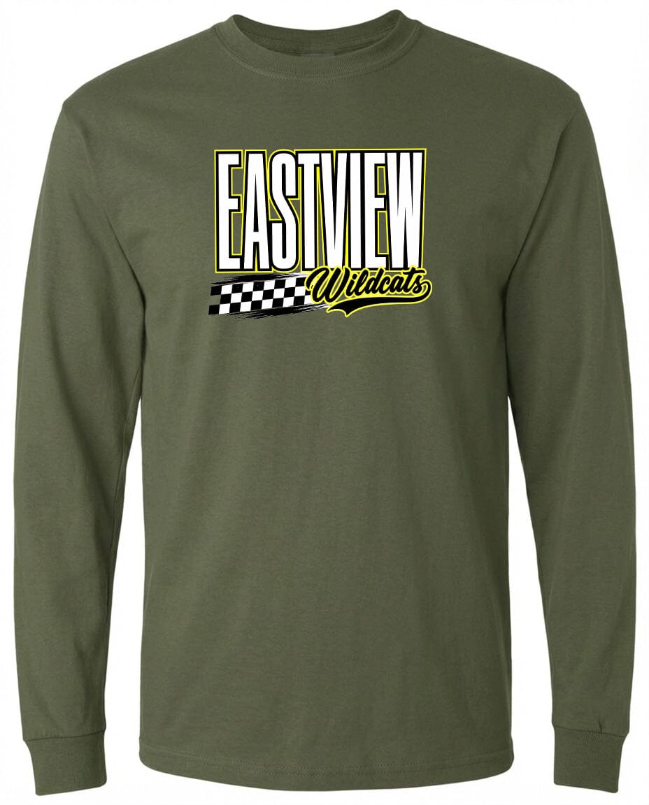 A long-sleeved olive green t-shirt with a graphic design featuring the text "EASTVIEW Wildcats" in a bold, yellow font.