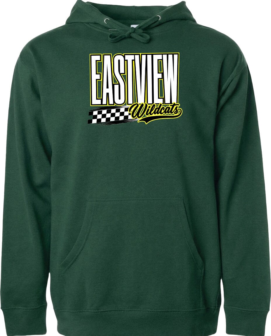 A green hoodie with a graphic design featuring the text "EASTVIEW Wildcats" and a checkered flag pattern.