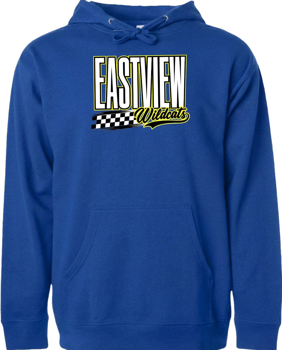 A blue hoodie with a graphic design on the front.