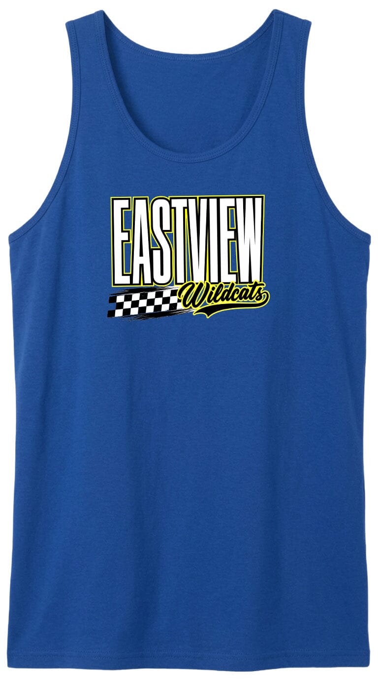 A blue tank top with a graphic design featuring the text "EASTVIEW Wildcats" in yellow and black.