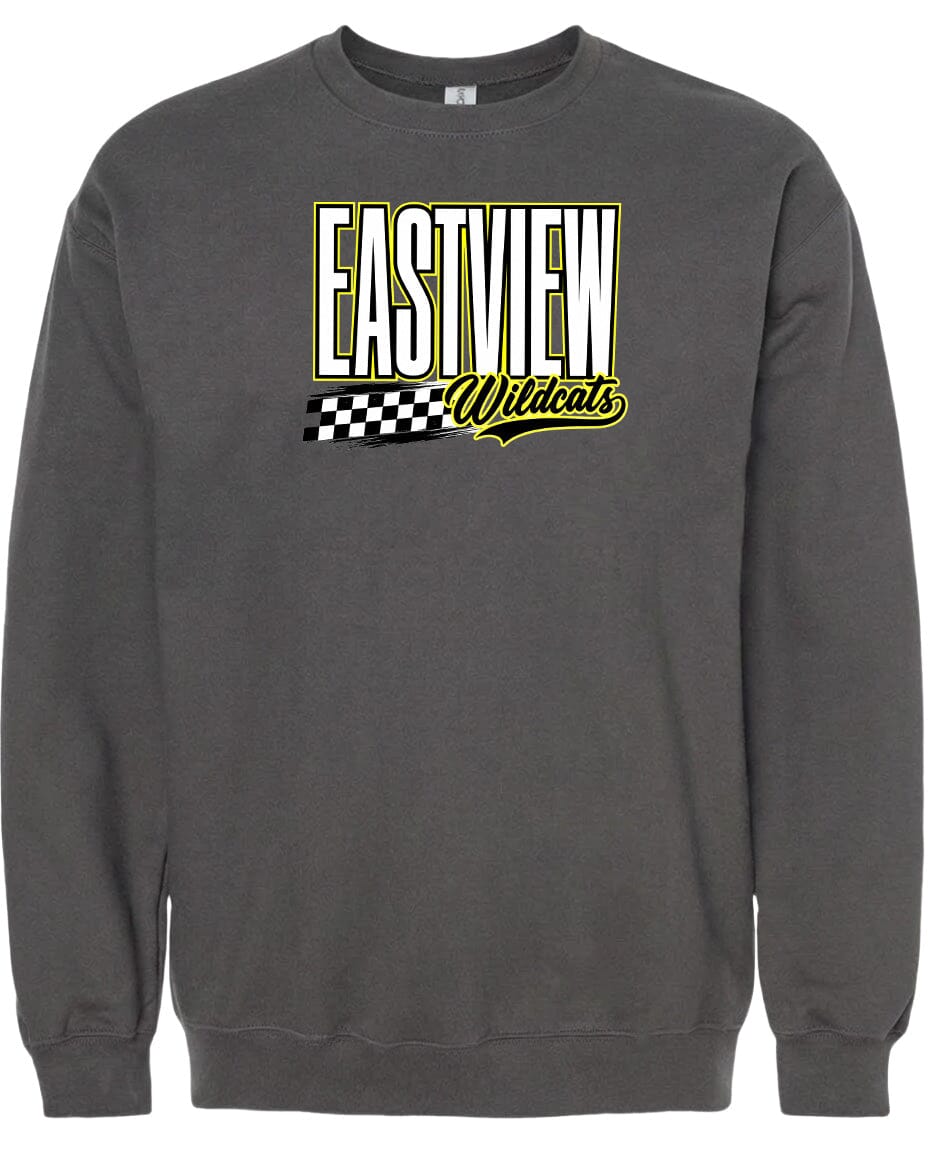 A gray sweatshirt with a graphic design featuring the text "EASTVIEW Wildcats" in yellow and black.