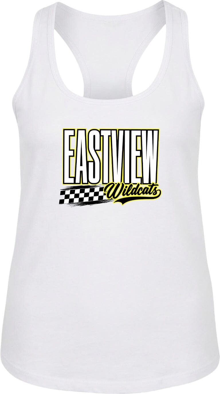 A white tank top with a graphic design featuring the text "EASTVIEW Wildcats" in yellow and black.
