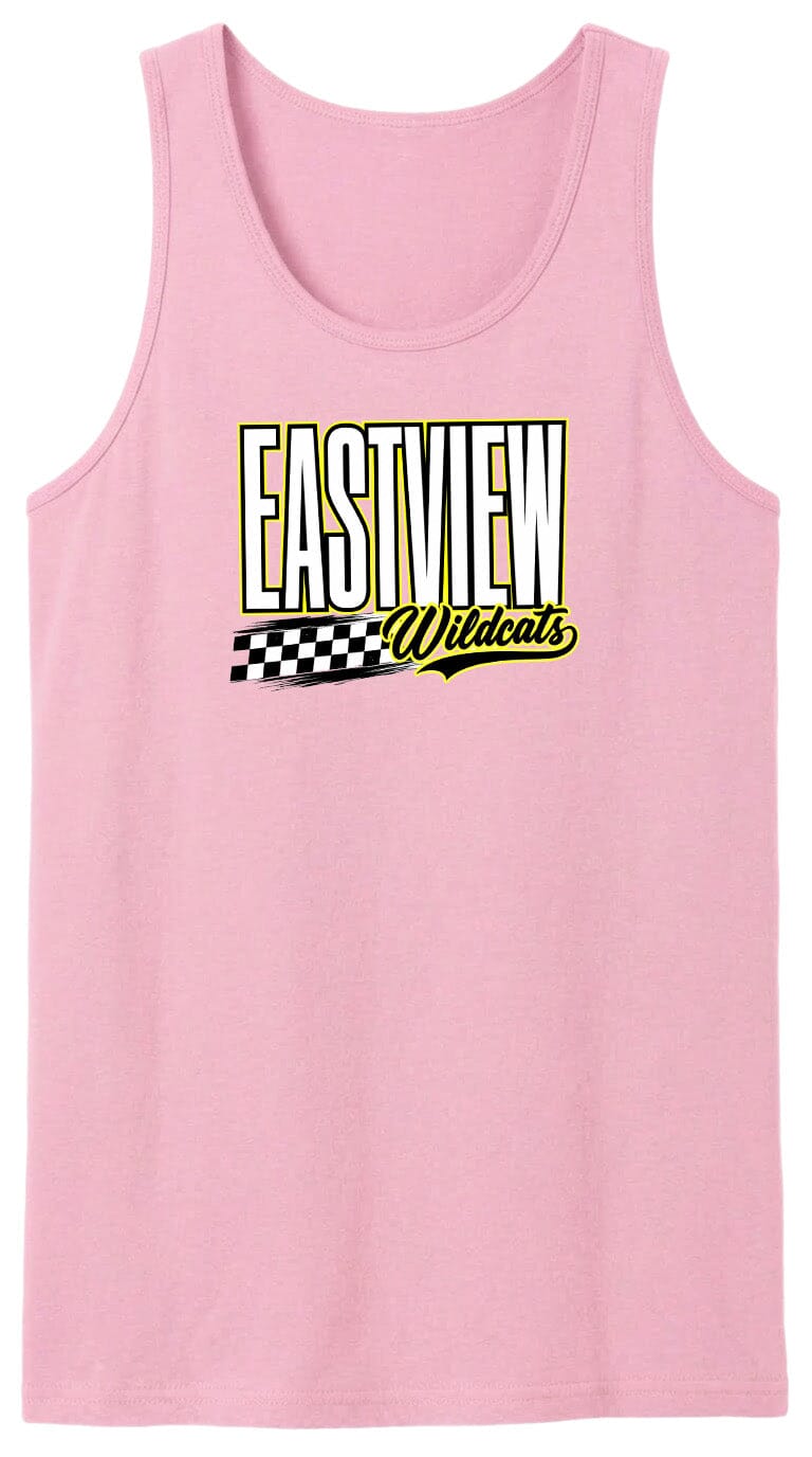 A pink tank top with a graphic design featuring the text "EASTVIEW Wildcats" in yellow and black.