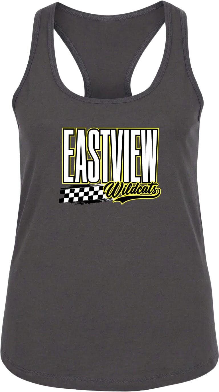 A gray tank top with a graphic design featuring the text "EASTVIEW Wildcats" in yellow and black.