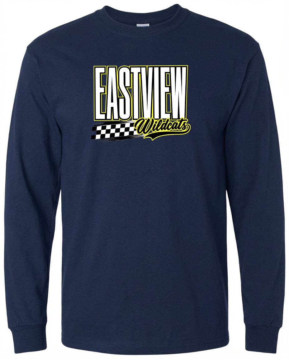 A navy blue long-sleeved shirt with a graphic design featuring the text "EASTVIEW Wildcats" in a stylized font.
