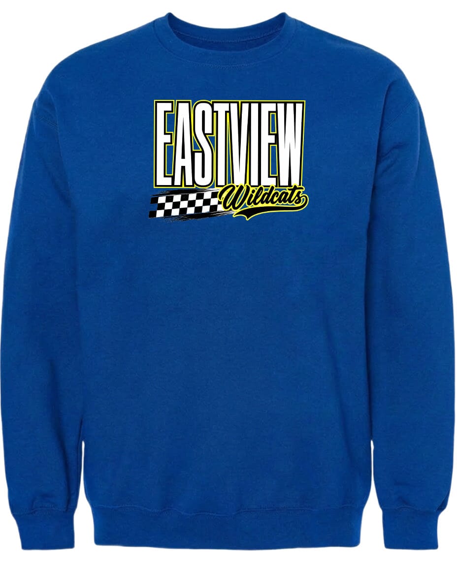 A blue sweatshirt with a logo on it.