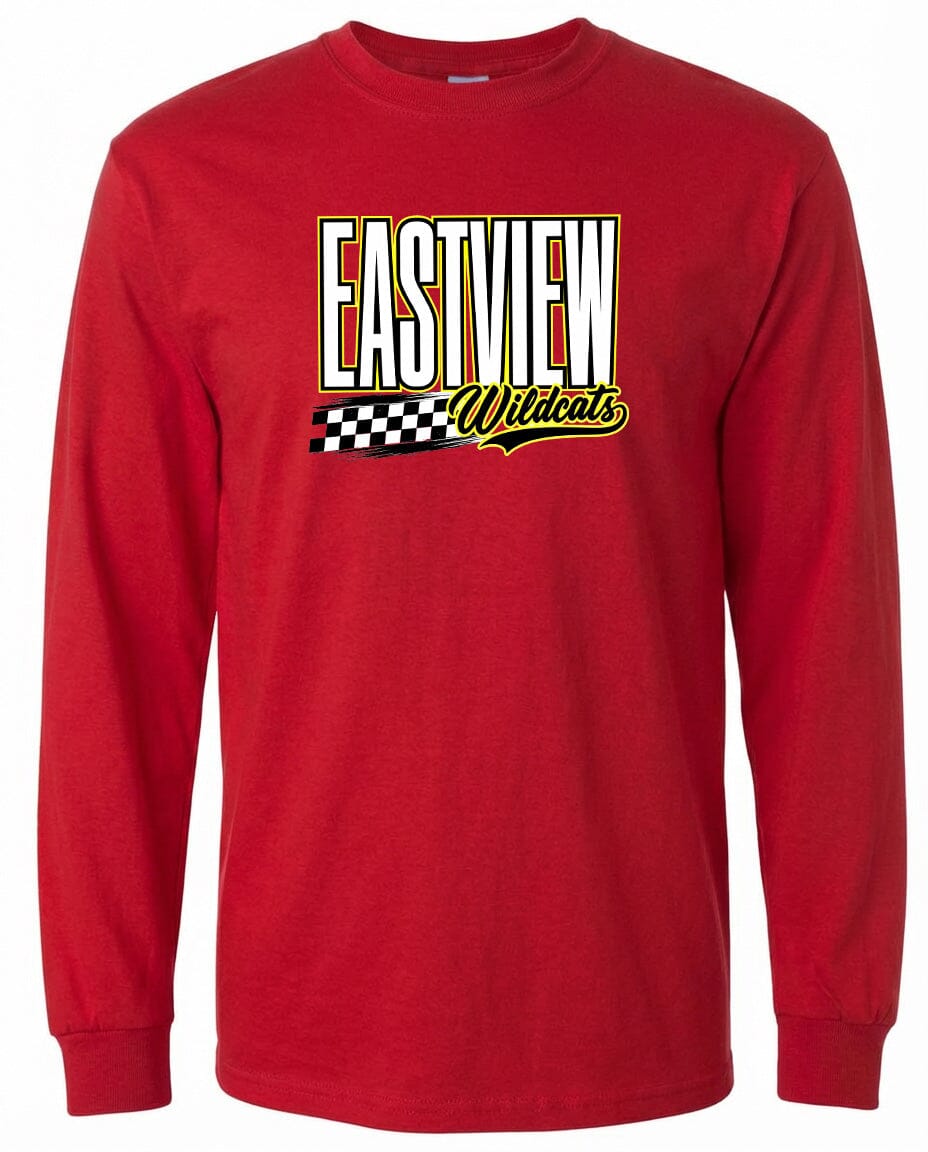 A red long-sleeved t-shirt with a graphic design featuring the text "EASTVIEW Wildcats" in a stylized font.