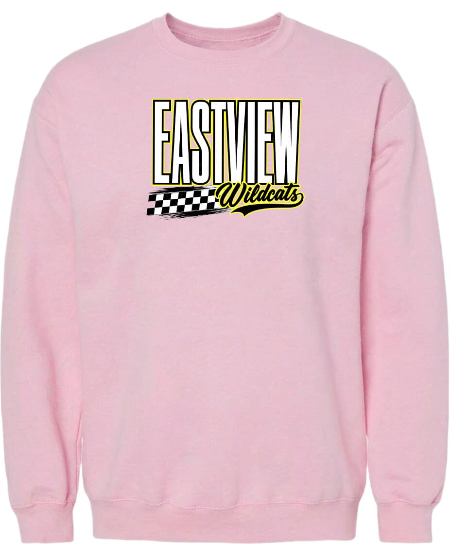 A pink sweatshirt with a graphic design featuring the text "EASTVIEW Wildcats" in a stylized font.