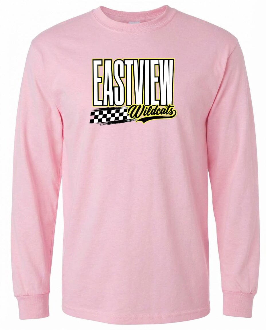 A pink long-sleeved t-shirt with a graphic design featuring the text "EASTVIEW Wildcats" in yellow and black.