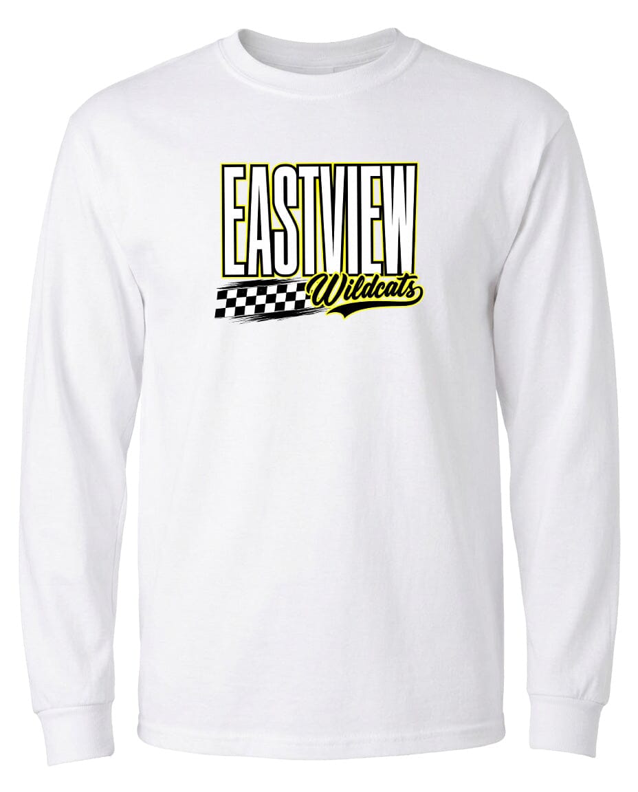 A white long-sleeved t-shirt with a graphic design featuring the text "EASTVIEW Wildcats" in yellow and black.