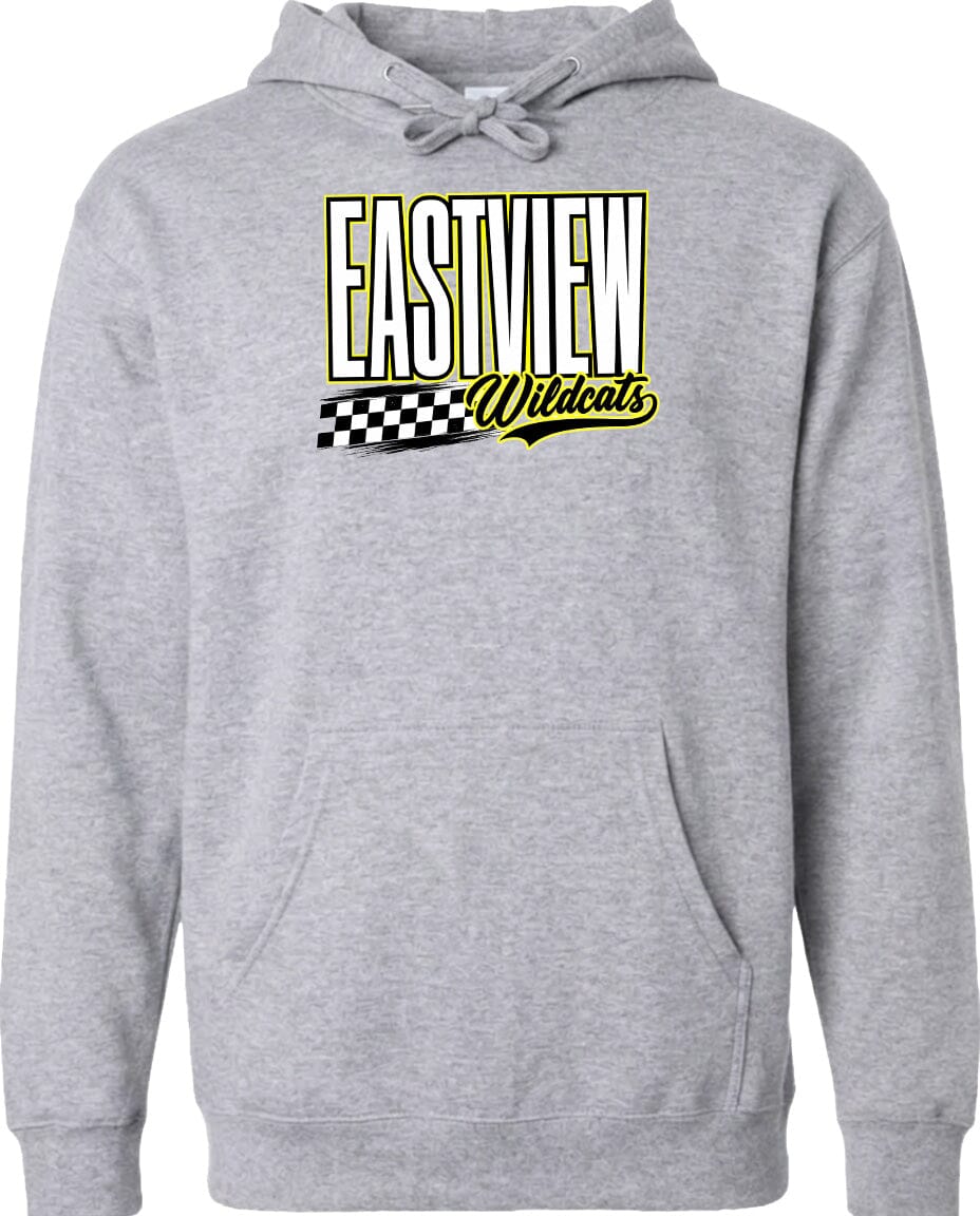 A gray hoodie with a graphic design featuring the text "EASTVIEW Wildcats" in yellow and black.