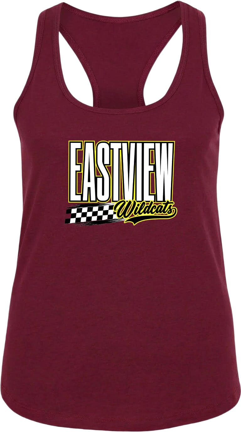 A burgundy-colored tank top with a graphic design featuring the text "EASTVIEW Wildcats" in white and yellow.