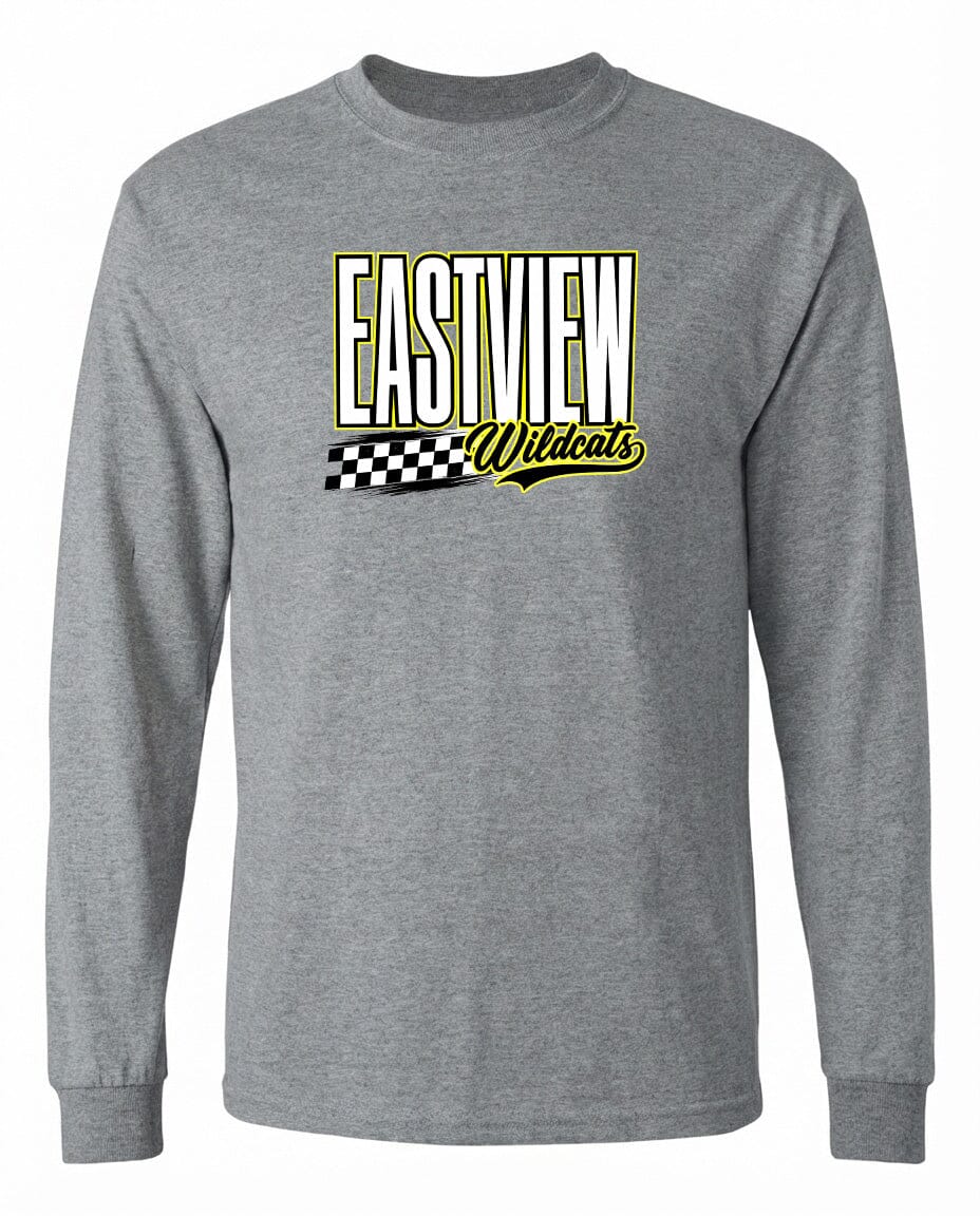 A gray long-sleeved t-shirt with a graphic design featuring the text "EASTVIEW Wildcats" in a stylized font.