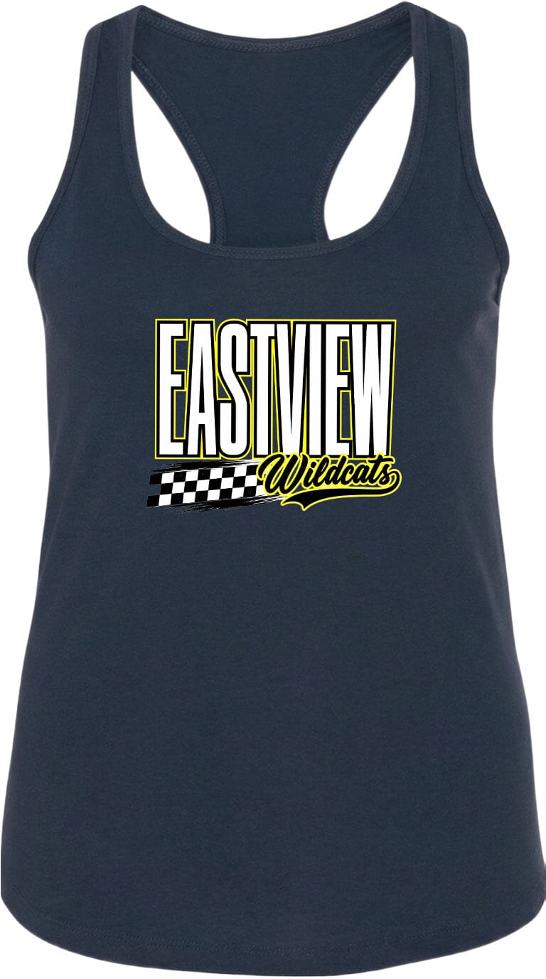 A navy blue tank top with a graphic design featuring the text "EASTVIEW Wildcats" in yellow and black.