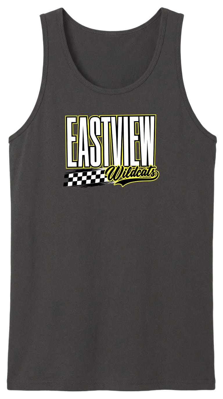 A gray tank top with a graphic design featuring the text "EASTVIEW Wildcats" in yellow and black.