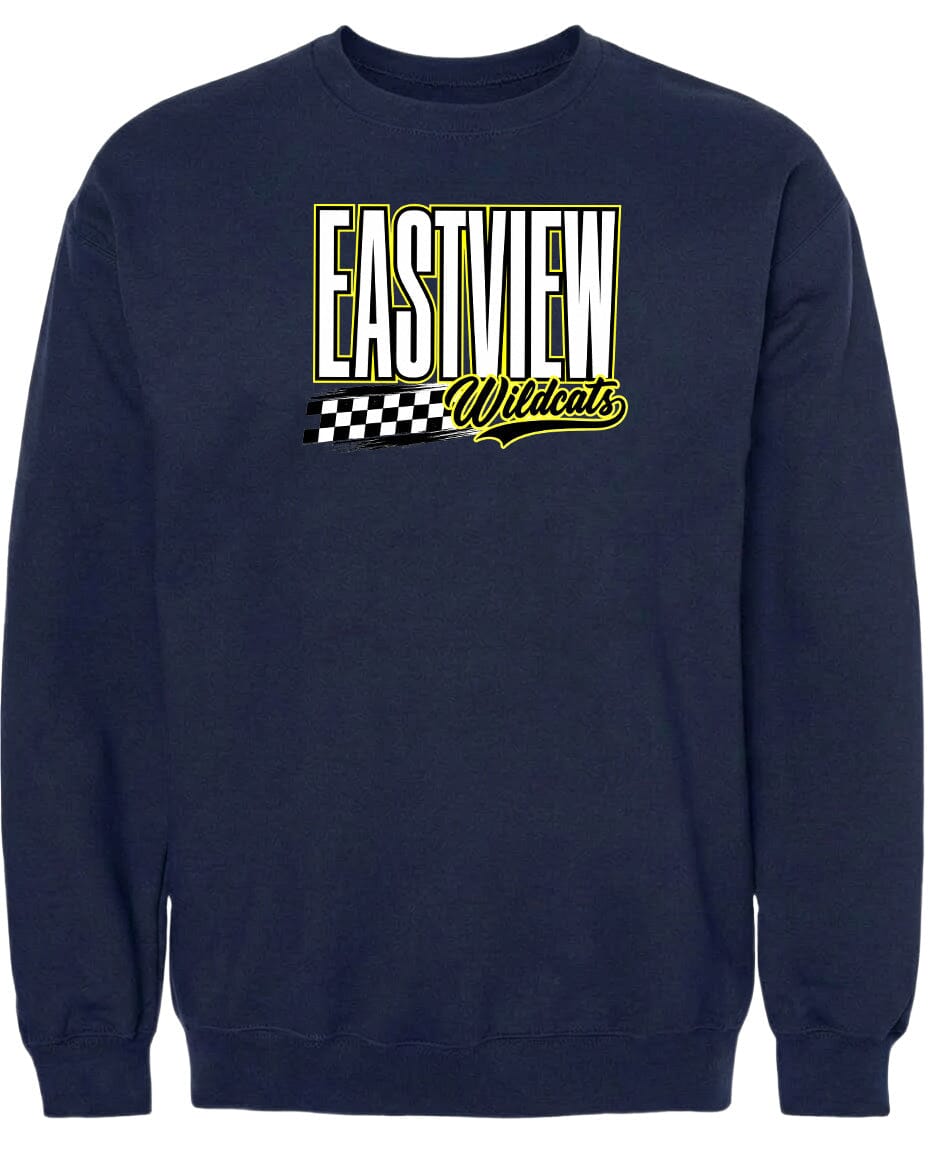 A navy blue sweatshirt with a graphic design featuring the text "EASTVIEW Wildcats" in yellow and white.