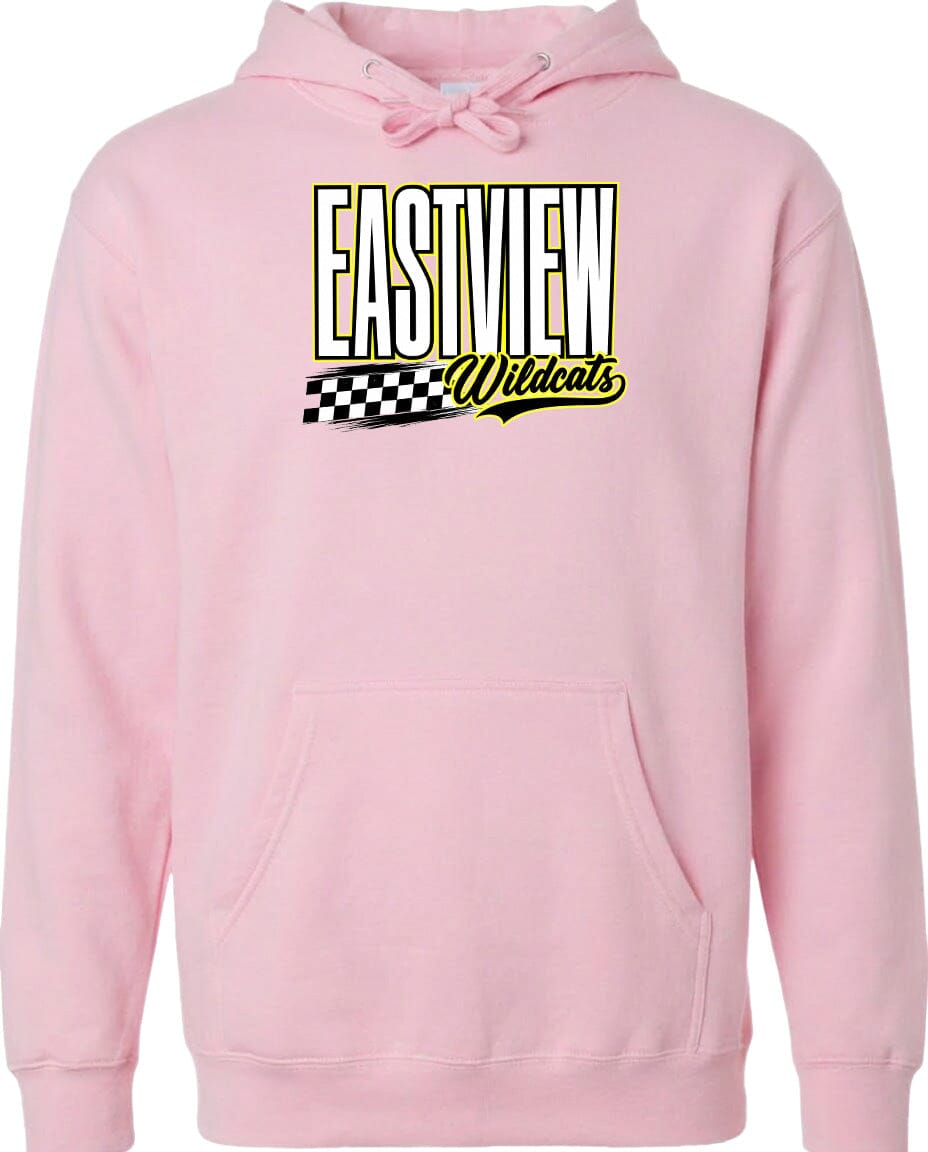 A pink hoodie with a graphic design featuring the text "EASTVIEW Wildcats" and a checkered flag pattern.