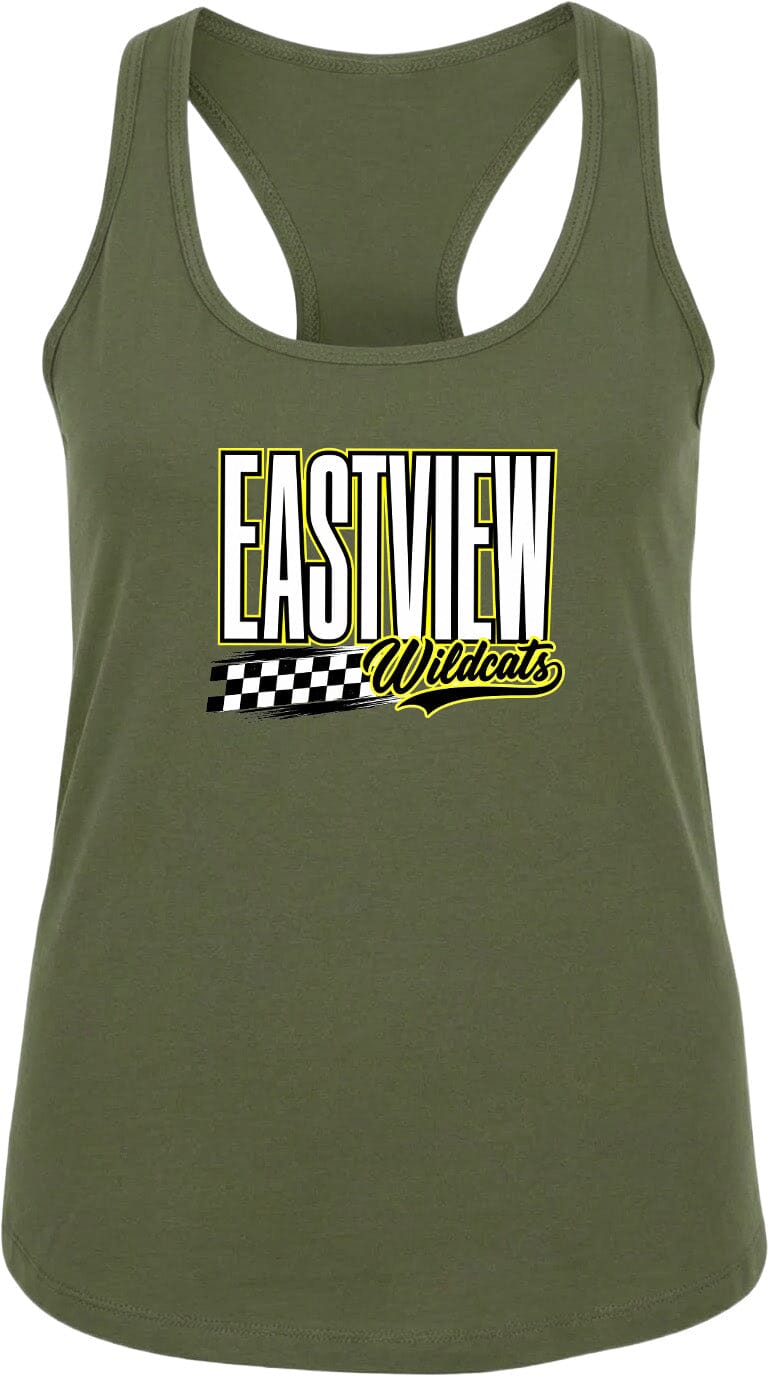 A green tank top with a graphic design featuring the text "EASTVIEW Wildcats" in yellow and black.
