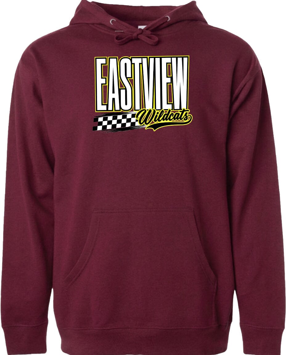 A burgundy-colored hoodie with a graphic design on the front. The design features the text "EASTVIEW Wildcats" in a stylized font, along with a checkered pattern.