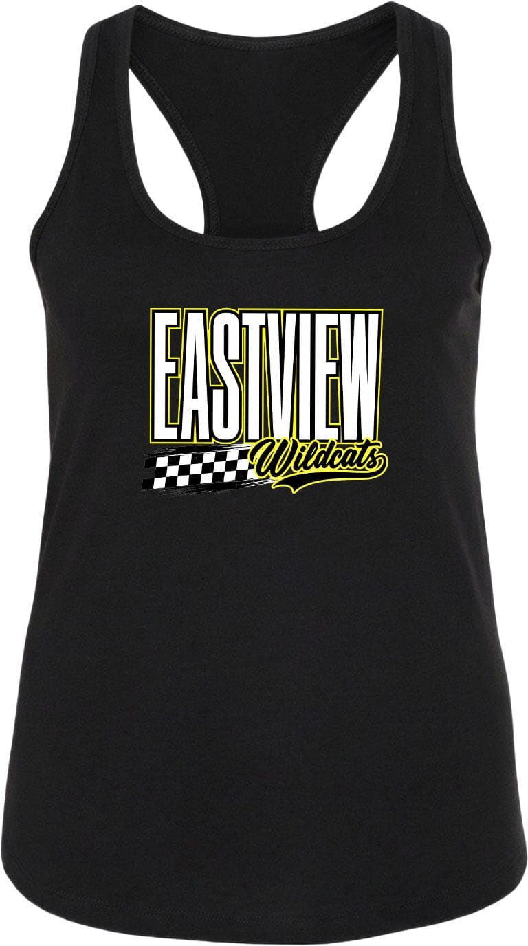 A black tank top with a yellow and white logo that says "EASTVIEW Wildcats".