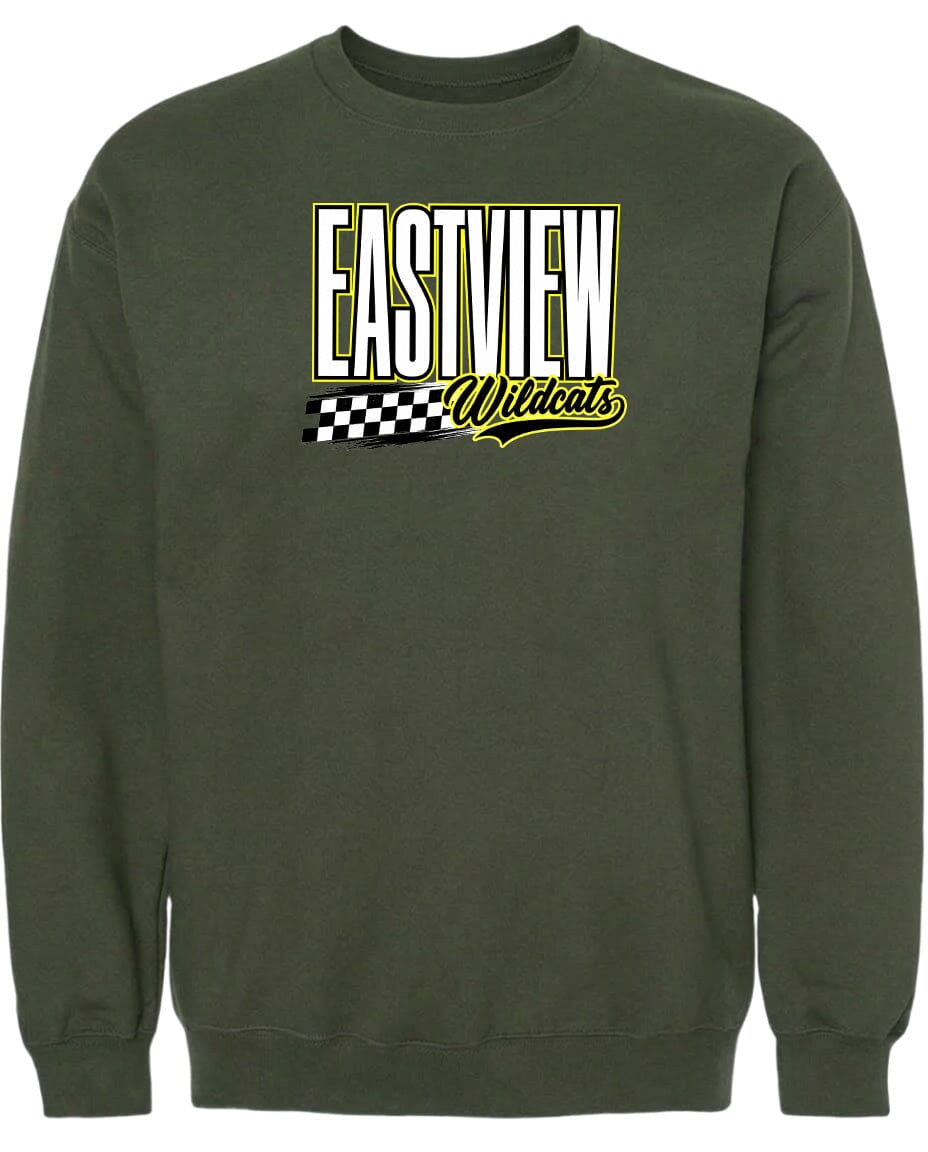 A dark green sweatshirt with a graphic design on the front.
