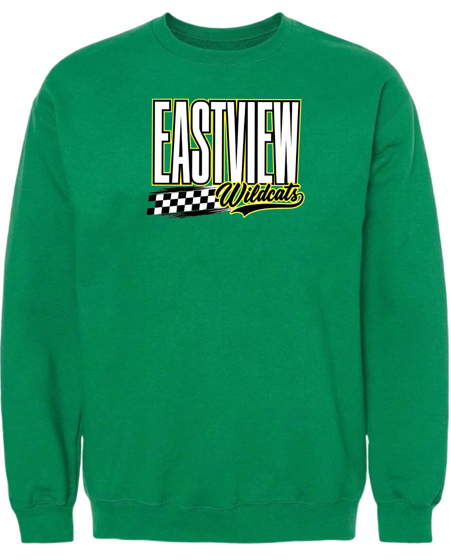 A bright green sweatshirt with a graphic design featuring the text "EASTVIEW Wildcats" in bold, yellow and white letters.