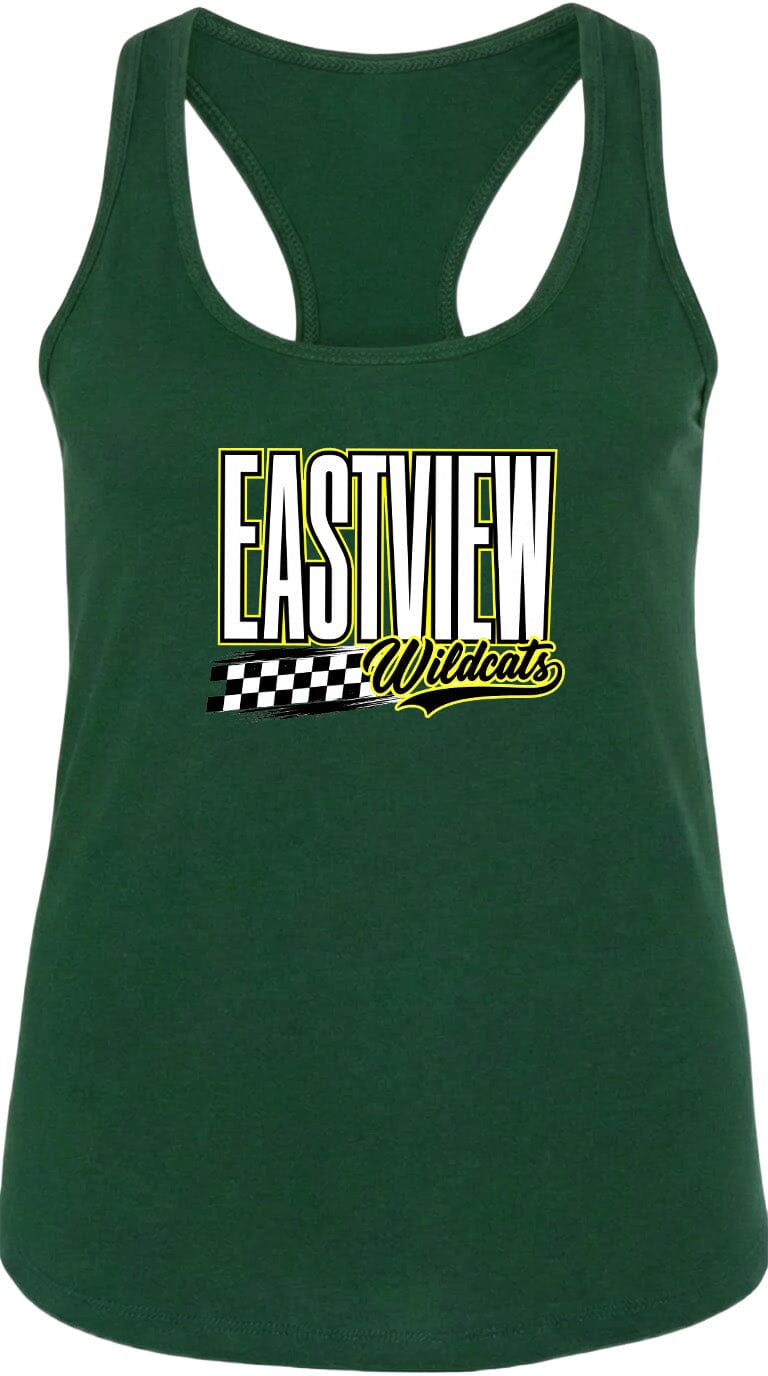 A green tank top with a graphic design featuring the text "EASTVIEW Wildcats" printed on it.
