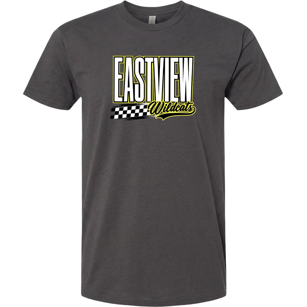 A gray t-shirt with a graphic design featuring the text "EASTVIEW Wildcats" in a stylized font.