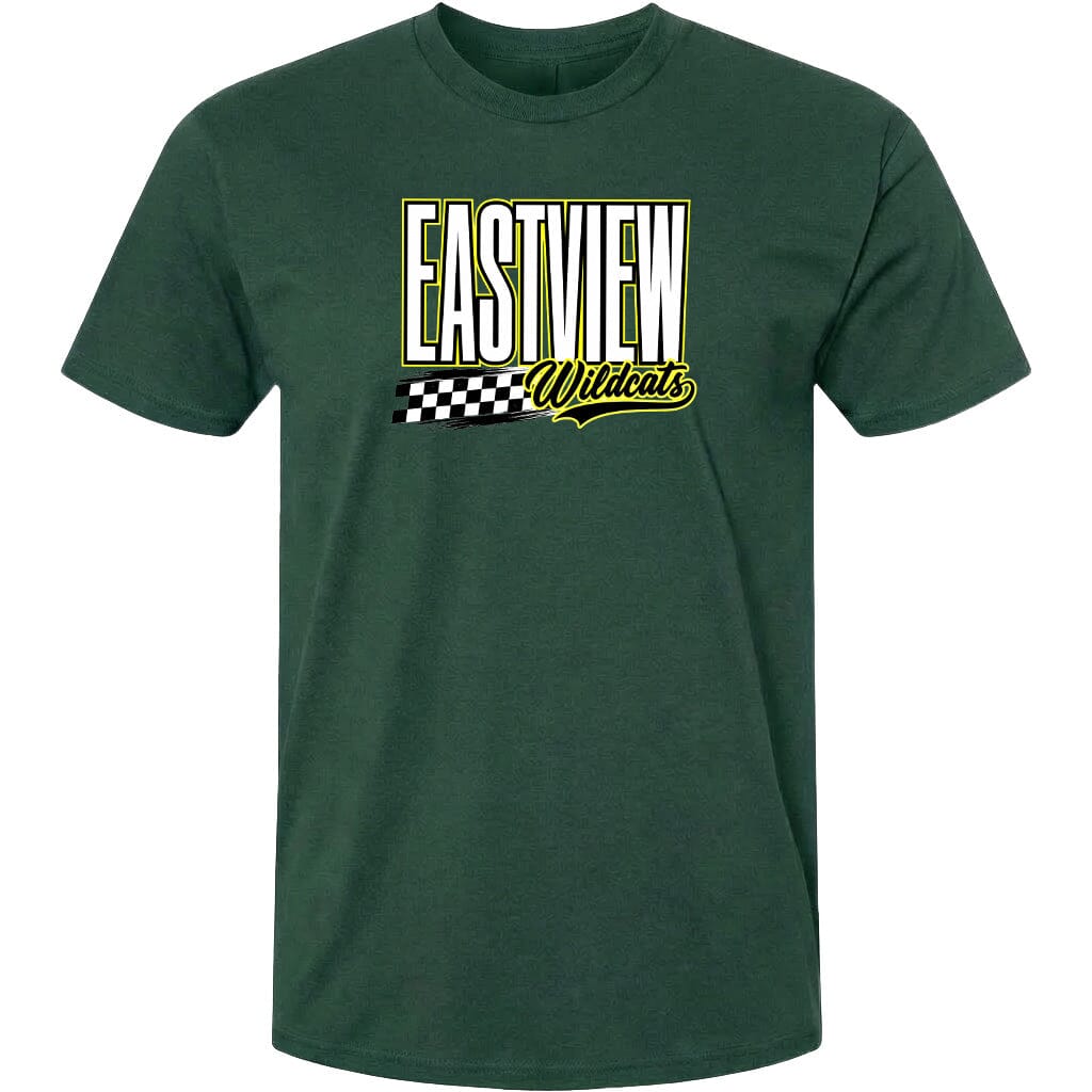 A green t-shirt with a graphic design featuring the text "EASTVIEW Wildcats" in a stylized font.