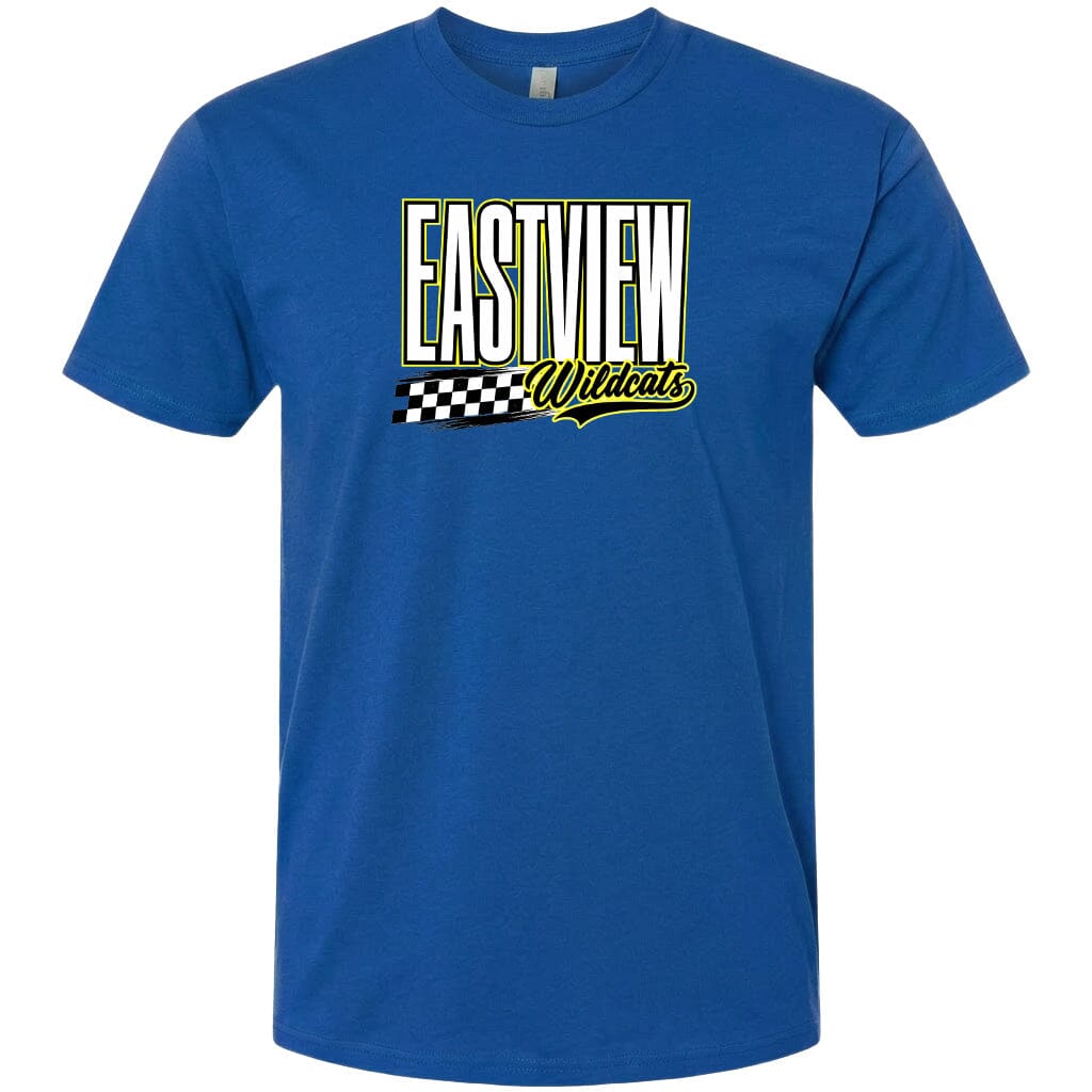 A blue t-shirt with a graphic design featuring the text "EASTVIEW Wildcats" in a stylized font.