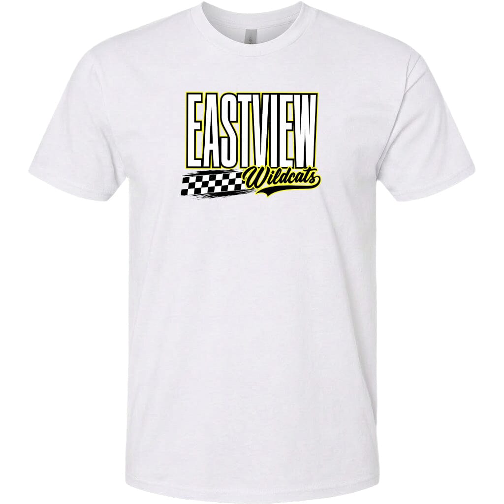 A white t-shirt with a graphic design featuring the text "EASTVIEW Wildcats" in a bold, yellow font.