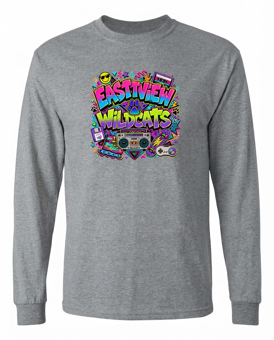 A gray long-sleeved t-shirt with a colorful graphic design featuring the text "EASTVIEW WILDCATS" surrounded by various icons and elements, such as a boombox, a skateboard, and a peace sign.