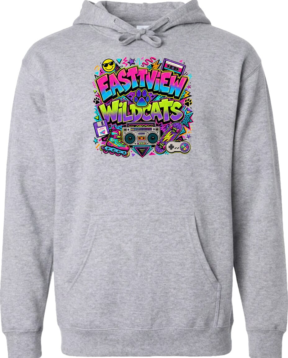A gray hoodie with a colorful graphic design featuring a boombox, a skateboard, and various other elements, along with the text "EASTVIEW WILDCATS".