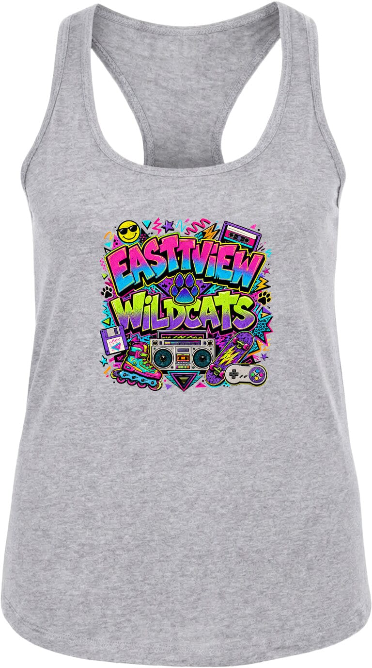 A gray tank top with a colorful graphic design featuring the text "EASTVIEW WILDCATS" surrounded by various icons and symbols, such as a boombox, sunglasses, and a lightning bolt.
