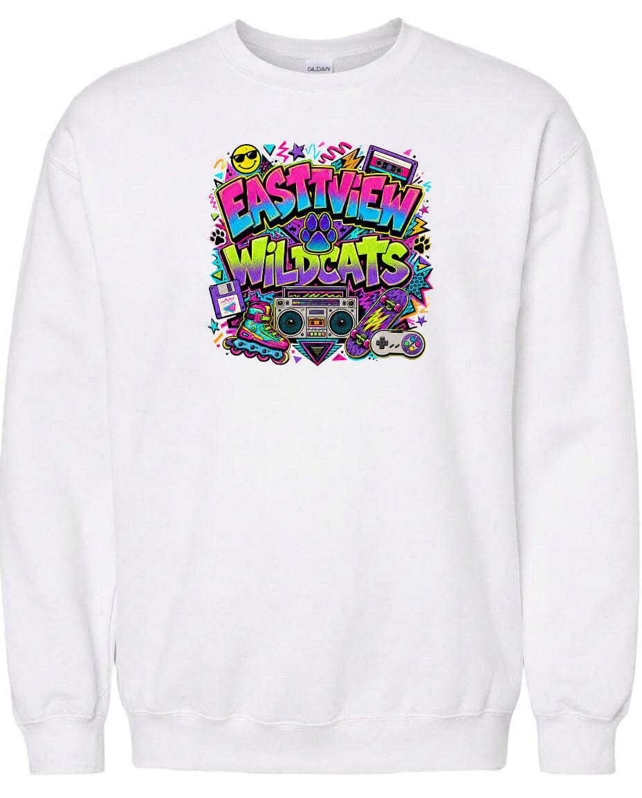 A white sweatshirt with a colorful graphic design featuring the text "EASTVIEW WILDCATS" surrounded by various icons and symbols, such as a boombox, skateboard, and other retro-style elements.