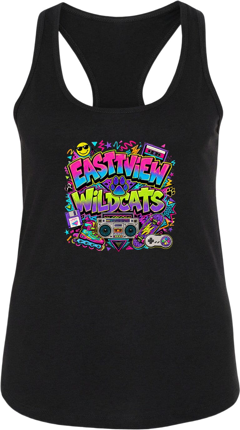 A black tank top with a colorful graphic design featuring the text "EASTVIEW WILDCATS" surrounded by various icons and symbols, such as a boombox, cassette tape, and other retro-style elements.