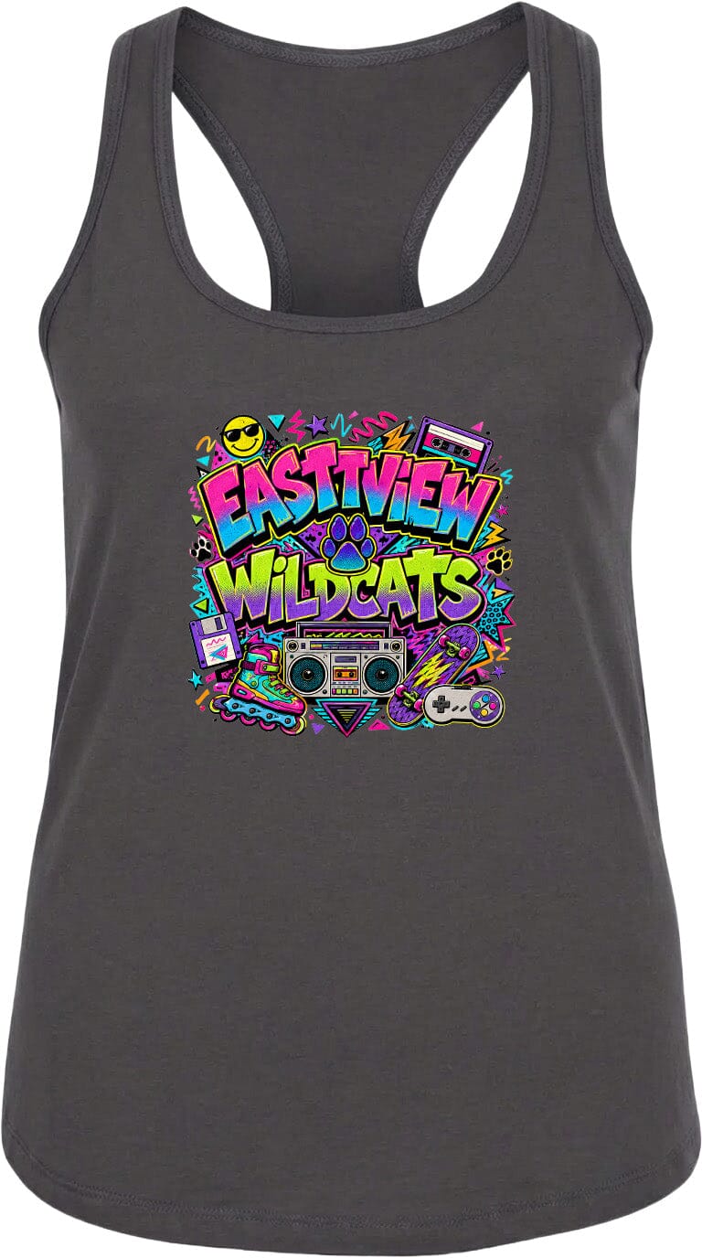 A gray tank top with a colorful graphic design featuring the text "EASTVIEW WILDCATS" surrounded by various icons and elements, such as a boombox, a skateboard, and a peace sign.