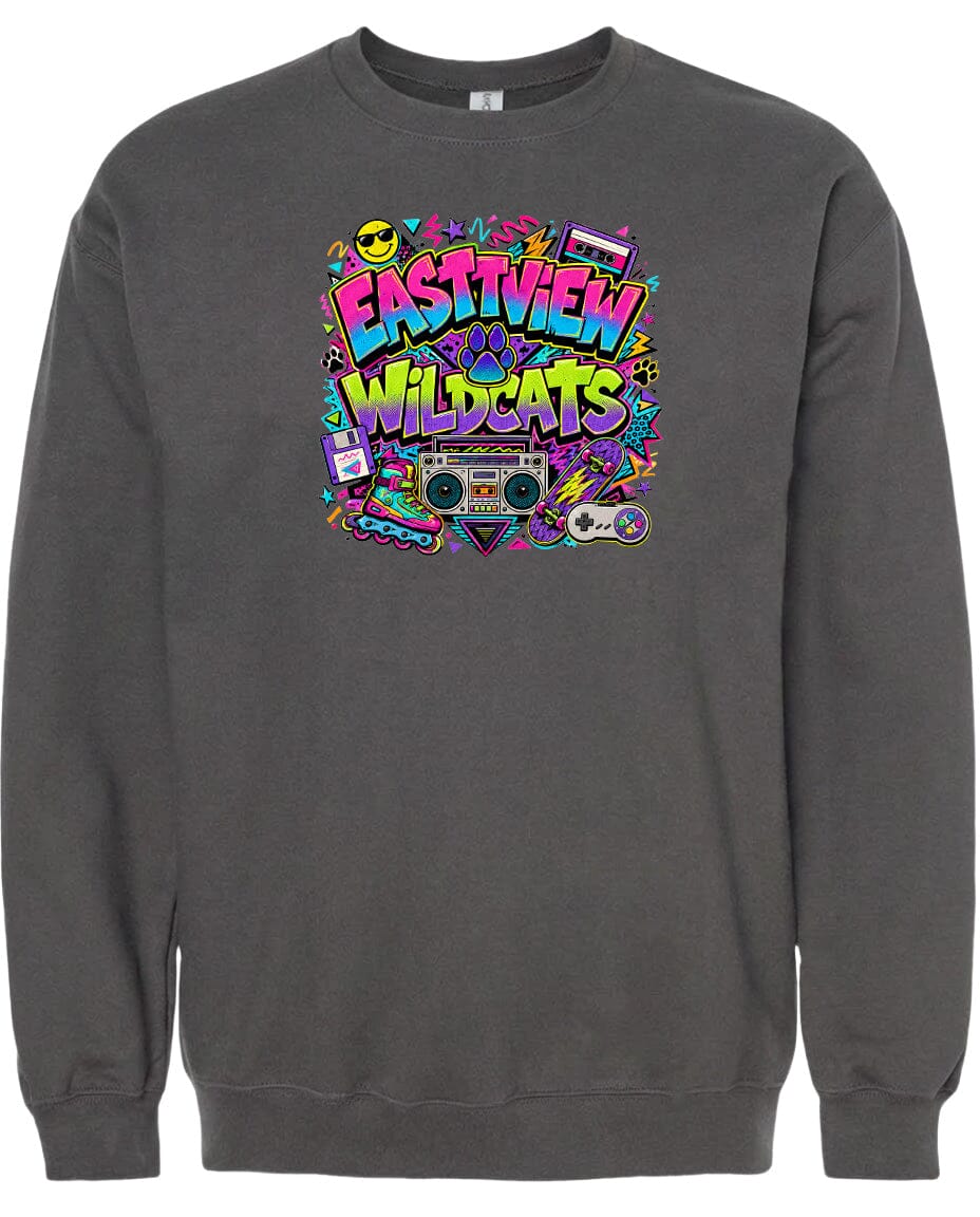 A gray sweatshirt with a colorful graphic design featuring the text "EASTVIEW WILDCATS" surrounded by various icons and symbols, such as a boombox, cassette tape, and other retro-style elements.
