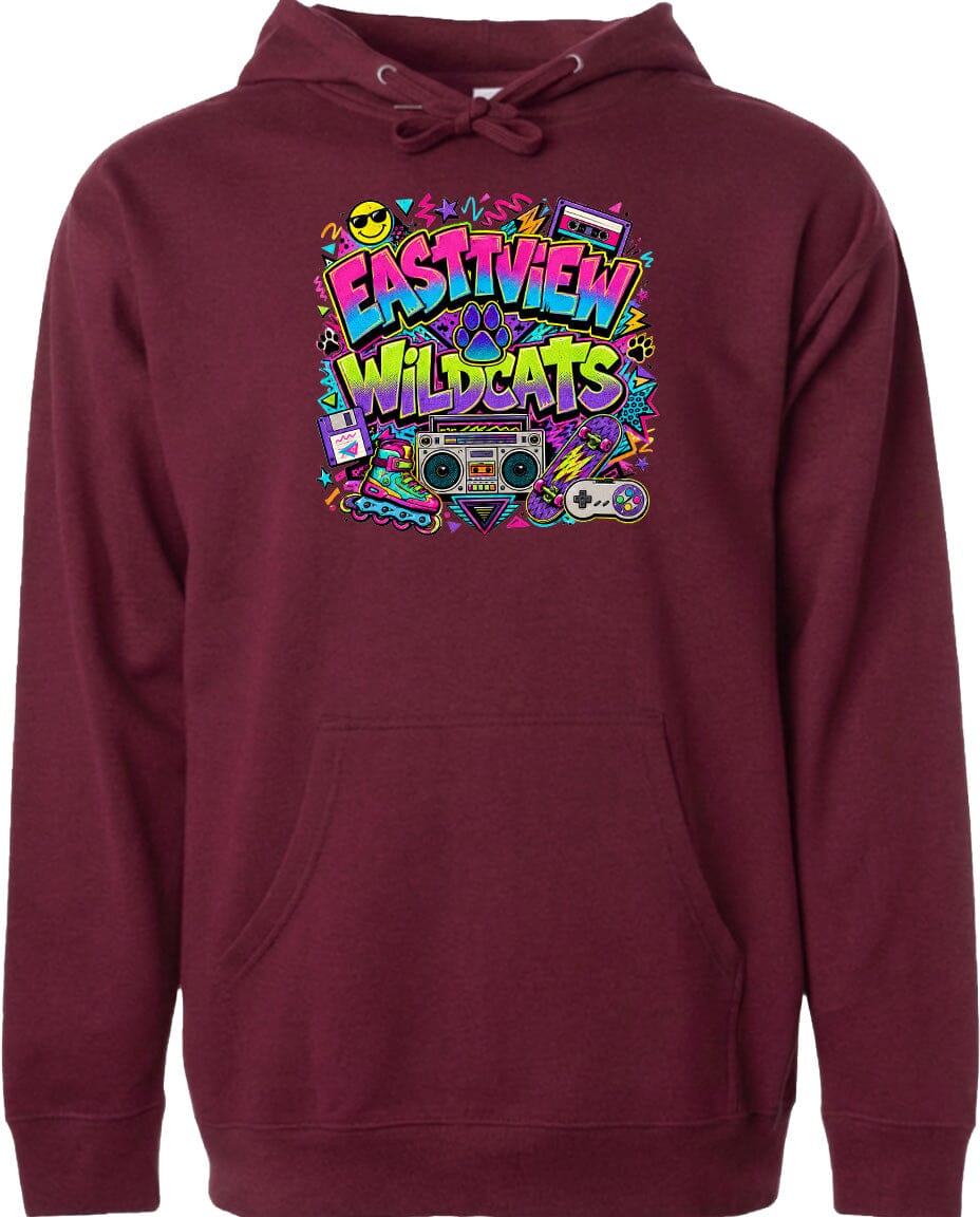 A burgundy hoodie with a colorful graphic design featuring a boombox, sunglasses, and various other retro-style elements.